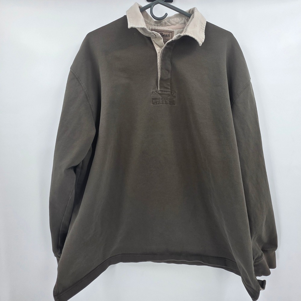 L.L. BEAN RUGBY POLO SHIRT MENS XL OLIVE GREEN VINTAGE LONG SLEEVE PREPPY BAGGY - Picture 2 of 13